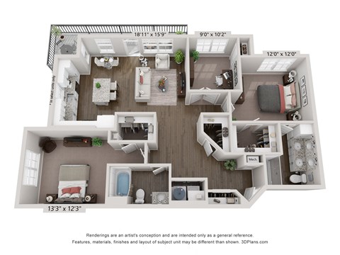 Floor plan for 2 beds, 2 baths, 1329 sqft